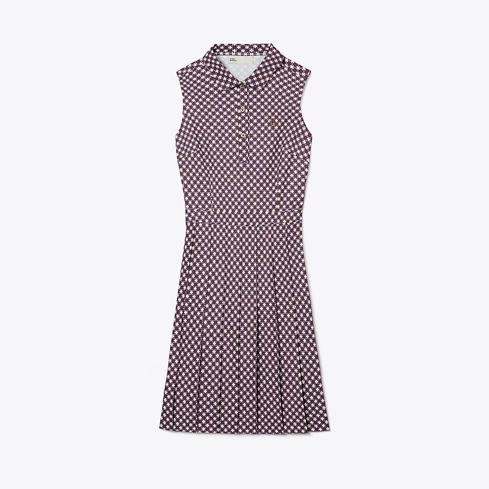 Tory Burch Sport Performance Dress Large Brown Geometric Pleated Golf Tennis